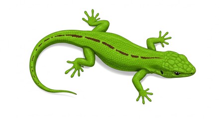Bright green lizard with brown markings crawling on a white background