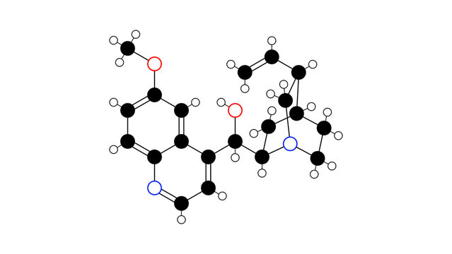 quinidine molecule, structural chemical formula, ball-and-stick model, isolated image antiarrhythmic drug