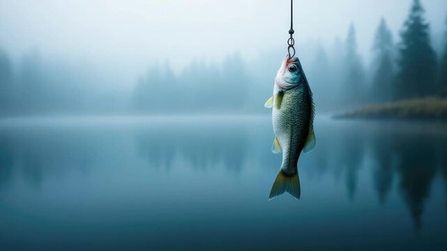 Caught fish hanging on hook over misty lake in tranquil landscape setting