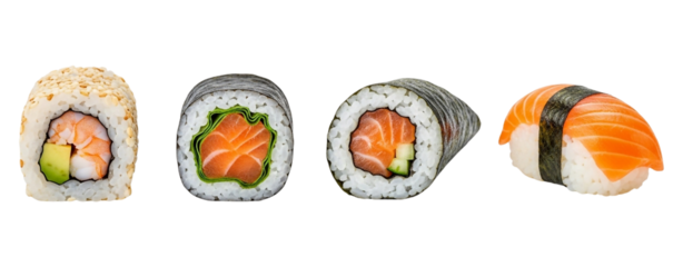 Four pieces of delicious sushi isolated on transparent background, including salmon nigiri, maki, and california roll