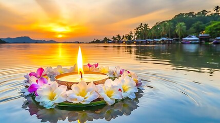 Close-up of candle flame illuminating floral krathong floating over icy water at dusk