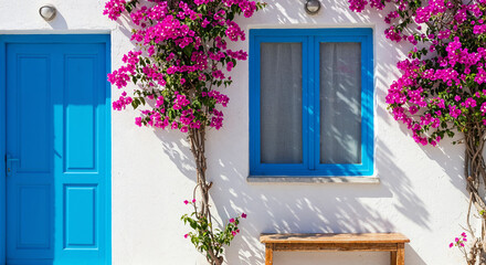 Seaside summer house with white façade, blue door, and vibrant flowers in sunlight.
