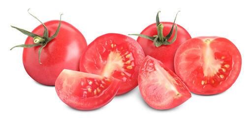 Fresh tomatoes isolated on white. Whole and sliced