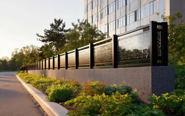 Fototapeta premium Elegant metal and glass composite fence enhances urban landscape near a modern building at sunset