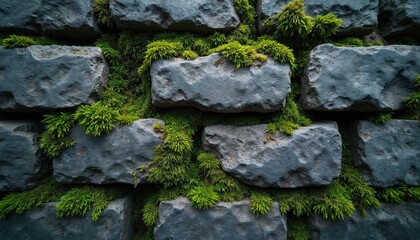Close up photo shows stone bricks wall with growing green moss. Rough surface texture shows architectural design with organic nature elements.