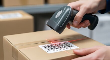 Scanning barcode on a cardboard box with a handheld scanner in a warehouse
