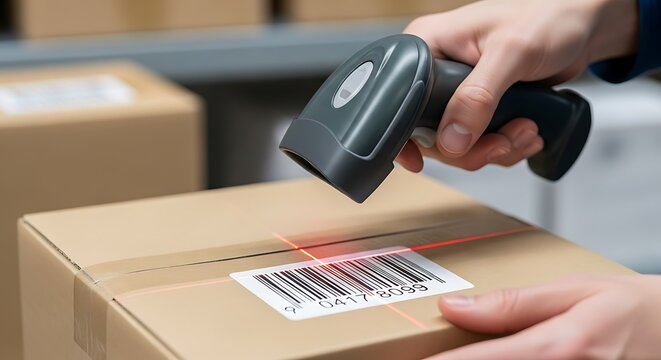 Scanning barcode on a cardboard box with a handheld scanner in a warehouse - Powered by Adobe