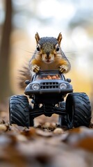 Adorable squirrel peeking over the hood of a toy monster truck in an outdoor setting