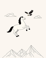 Horse and Eagle in Mountain Landscape