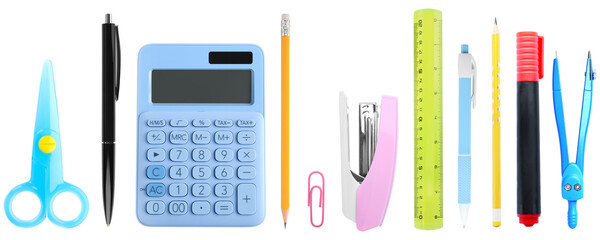 Pens and other stationery isolated on white, set