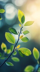 Delicate green leaves on a branch bathed in soft hazy sunlight with a blurred background