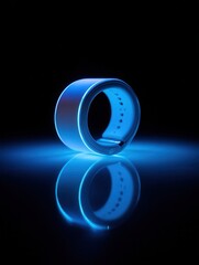 Futuristic blue glowing ring with reflection on dark surface technology concept