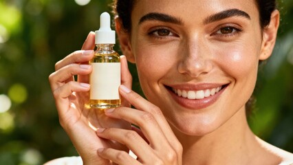Fototapeta premium Smiling female influencer holding beauty product toward camera, digital advertising concept Smiling woman holding a skincare oil bottle in a natural setting.