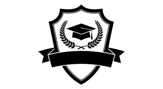 Graduation Cap Emblem Logo Icon with Laurel Wreath and Banner - Vector Graphic