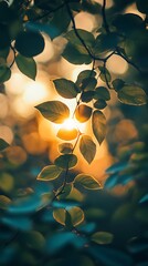 Warm golden sunset glow peeking through lush green leaves and rippling water reflections