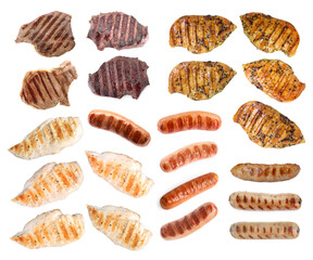 Grilled meat and sausages isolated on white, set