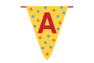 Yellow bunting flag decorating with letter a, celebrating a birthday party, event, or initial concept, transparent background