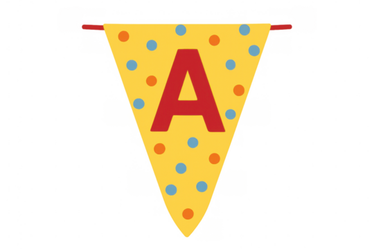 Yellow bunting flag decorating with letter a, celebrating a birthday party, event, or initial concept, transparent background