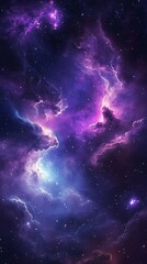 Vibrant cosmic nebula with swirling purple and blue hues and distant stars