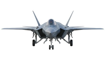 Fototapeta premium Front View of a Stealth Fighter Jet on Runway. Fifth-Generation Supersonic Aircraft Isolated on a Pure White Background.