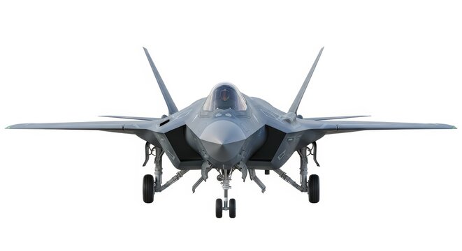 Front View of a Stealth Fighter Jet on Runway. Fifth-Generation Supersonic Aircraft Isolated on a Pure White Background.