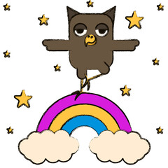 Funny vector owl on the rainbow with trendy chalk texture outline. Perfect child poster kid t-shirt print and nursery interior wall room decor. 
