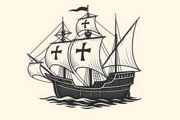 Santa Maria - legendary ship of first expedition of Christopher Columbus to shores of New World. An old caravel sailing to America. Vector isolated illustration on light background.