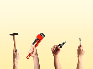 People holding different tools in hands against beige gradient background, closeup. Collage