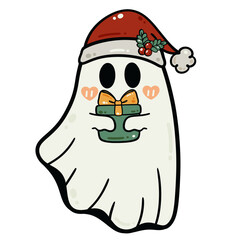 Santa ghost holding Christmas gift cute spooky illustration