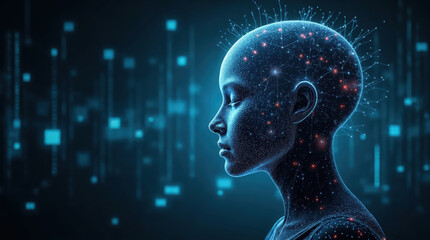 Obraz premium Contemplative artificial intelligence robot ponders digital future, its conscience and connection to vast technology network