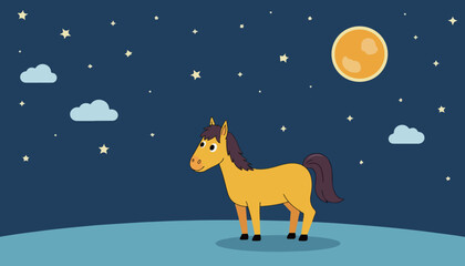 Cartoon Horse Under Starry Night