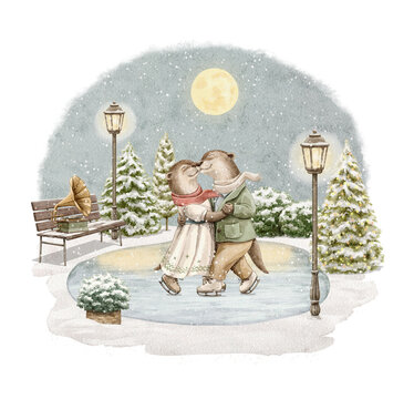 Christmas vintage cartoon composition with couple of otters animals in clothes skates in winter landscape park with ice rink isolated on white background. Watercolor hand drawn illustration sketch