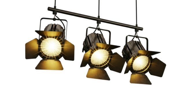 Three gold spotlights hanging from a black bar isolated on transparent background, providing bright illumination for a stage