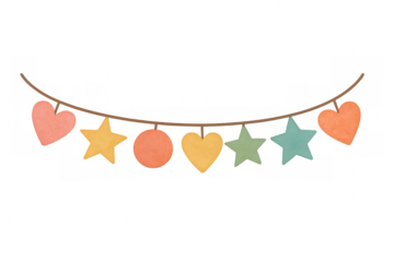 Watercolor bunting banner featuring hearts, stars, and circles for celebration, party, or holiday decoration