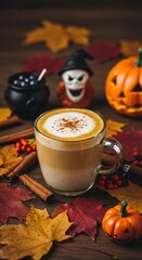 Cup of pumpkin spice latte surrounded by autumn leaves, cinnamon and dark halloween decoration