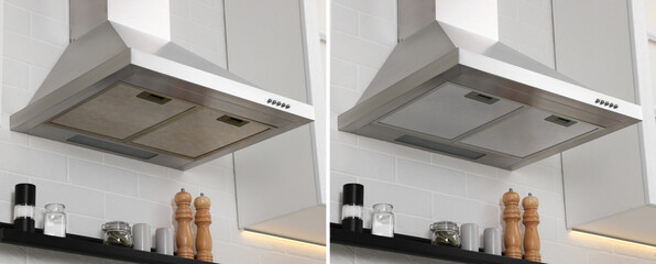 Range hood with mesh filters in kitchen. Before and after cleaning, collage