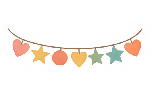 Watercolor bunting banner featuring hearts, stars, and circles for celebration, party, or holiday decoration