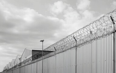 Imposing industrial fence with barbed wire against cloudy sky at a facility