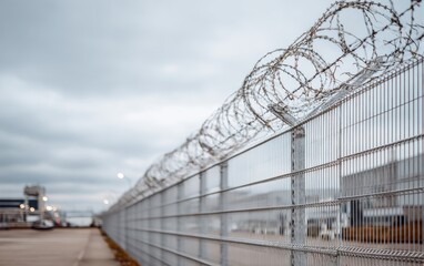 Fototapeta premium High industrial fence with barbed wire under cloudy sky in urban area