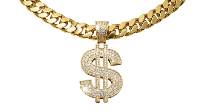 Luxurious gold chain with a diamond dollar sign pendant isolated on transparent background, representing wealth and success