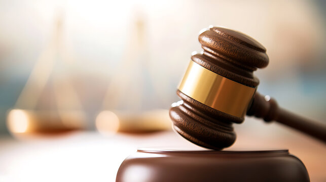 Justice prevails: A wooden gavel stands poised on its block, the scales of justice softly blurred in the background, symbolizing law and order. A symbol of fairness.