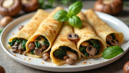 Delicious crepes filled with spinach and mushroom on plate. Culinary photo showcases homemade savory dish. Tasty food served for breakfast lunch or dinner. Healthy meal ingredients include cheese.