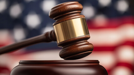 Gavel resting on a sound block with the United States flag in the background. Symbolizing legal matters, court decisions, justice, and the American legal system.