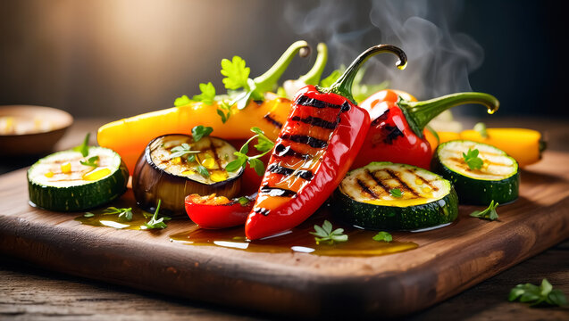 Close-up of colorful grilled vegetables including red pepper, zucchini, eggplant, and carrot on a wooden board, drizzled with olive oil and garnished with fresh herbs under warm natural ligh