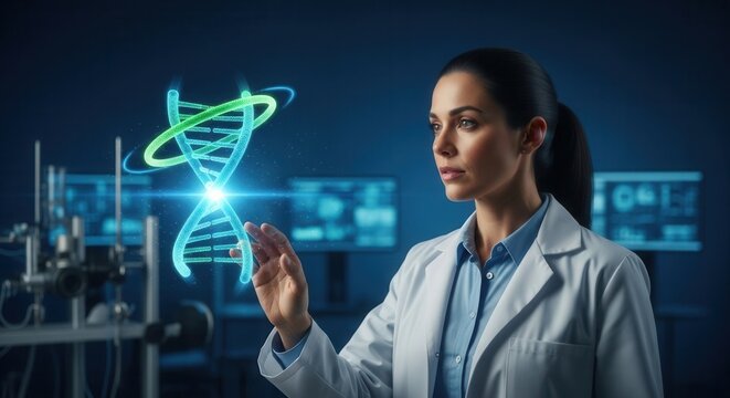 Scientist Analyzing 3D Holographic DNA Helix in a Dark Lab