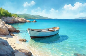 Obraz premium Watercolor illustration of a boat near the shore on sunny day. White boat floats on transparent sea water. Turquoise lagoon. Landscape shows sky and distant mountains. Travel concept.
