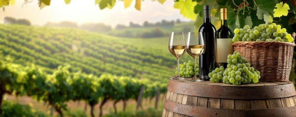Wine Bottles and Grapes on Barrel with Vineyard Background