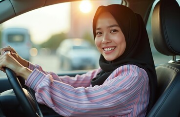 An Asian woman smiles while driving a car. She wears a hijab and a casual shirt. The woman appears happy and confident behind the wheel of a vehicle.