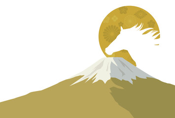 午年の年賀状テンプレート　馬と富士山と日の出