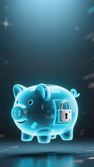 3D glowing piggy bank with lock, digital security and fintech concept